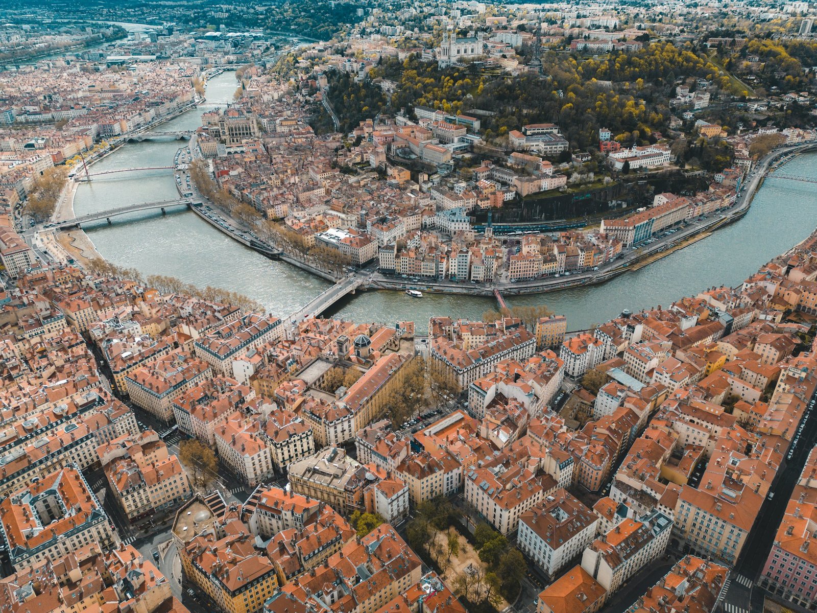 Vue aérienne de Lyon et de la Presqu'île